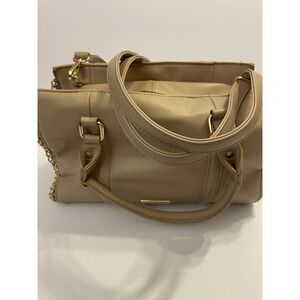 BCBG Paris Tan Polyurethane Faux LeatherBag Gold Accent Top Zip Crosbody/Handbag